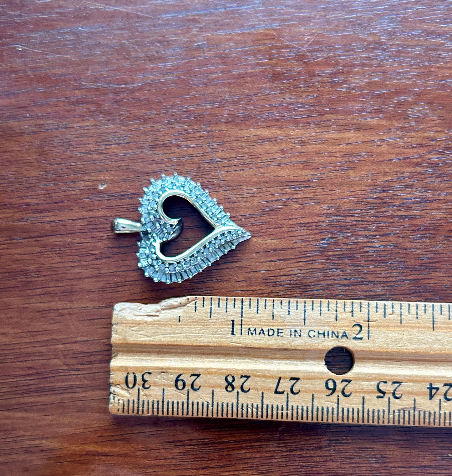 10k Yellow Gold Round Baguette Diamond Open Heart Necklace Pendant