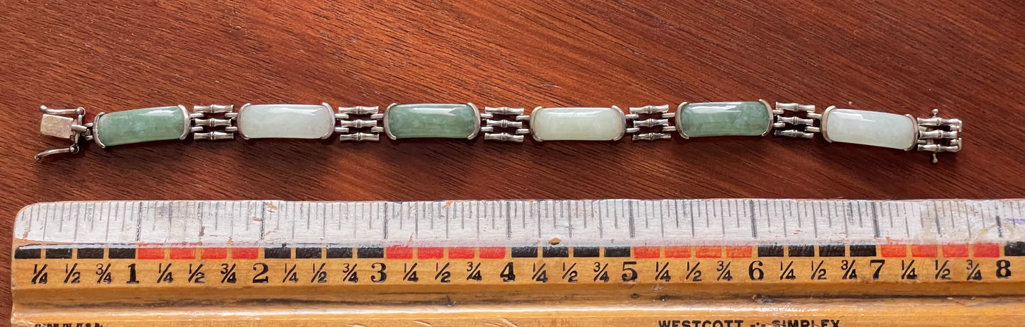 Vintage Sterling Silver 925 & Two Tone Jade Panel Bracelet Bambo Design