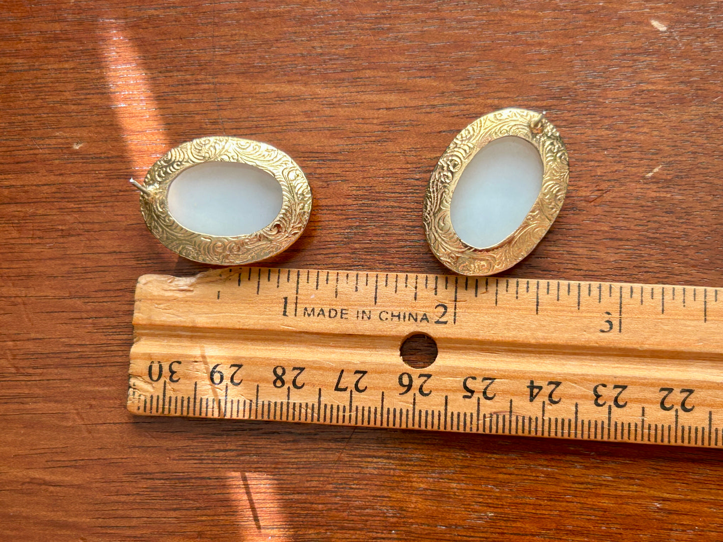 Vintage Gold Tone Milky Glass Moonstone Cabochon Pierced Earrings