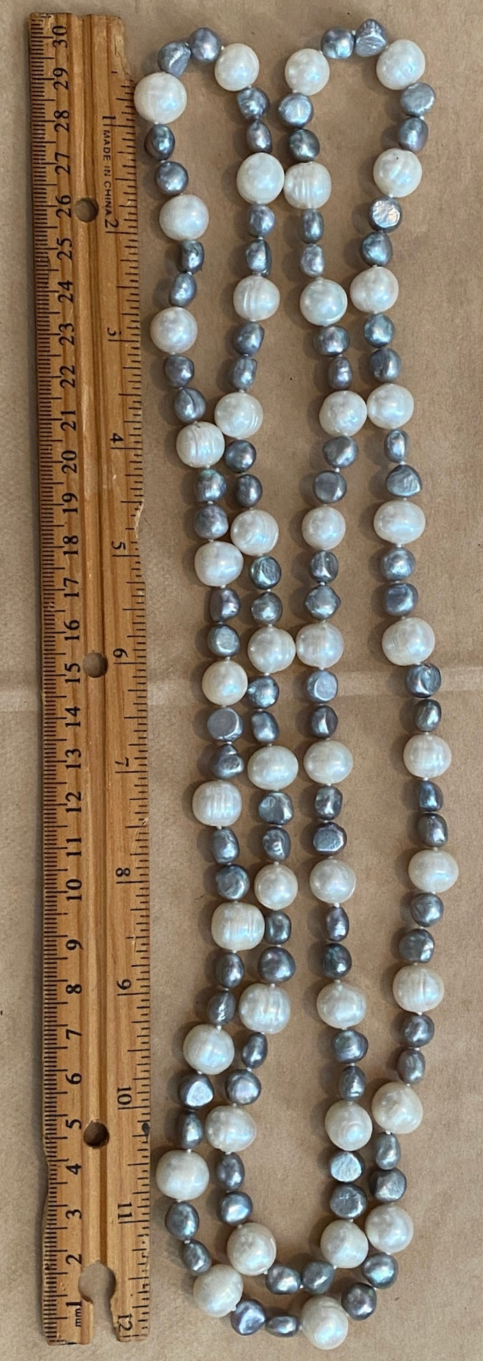 Baroque Freshwater White Gray Pearl Single Strand Necklace 50" Long