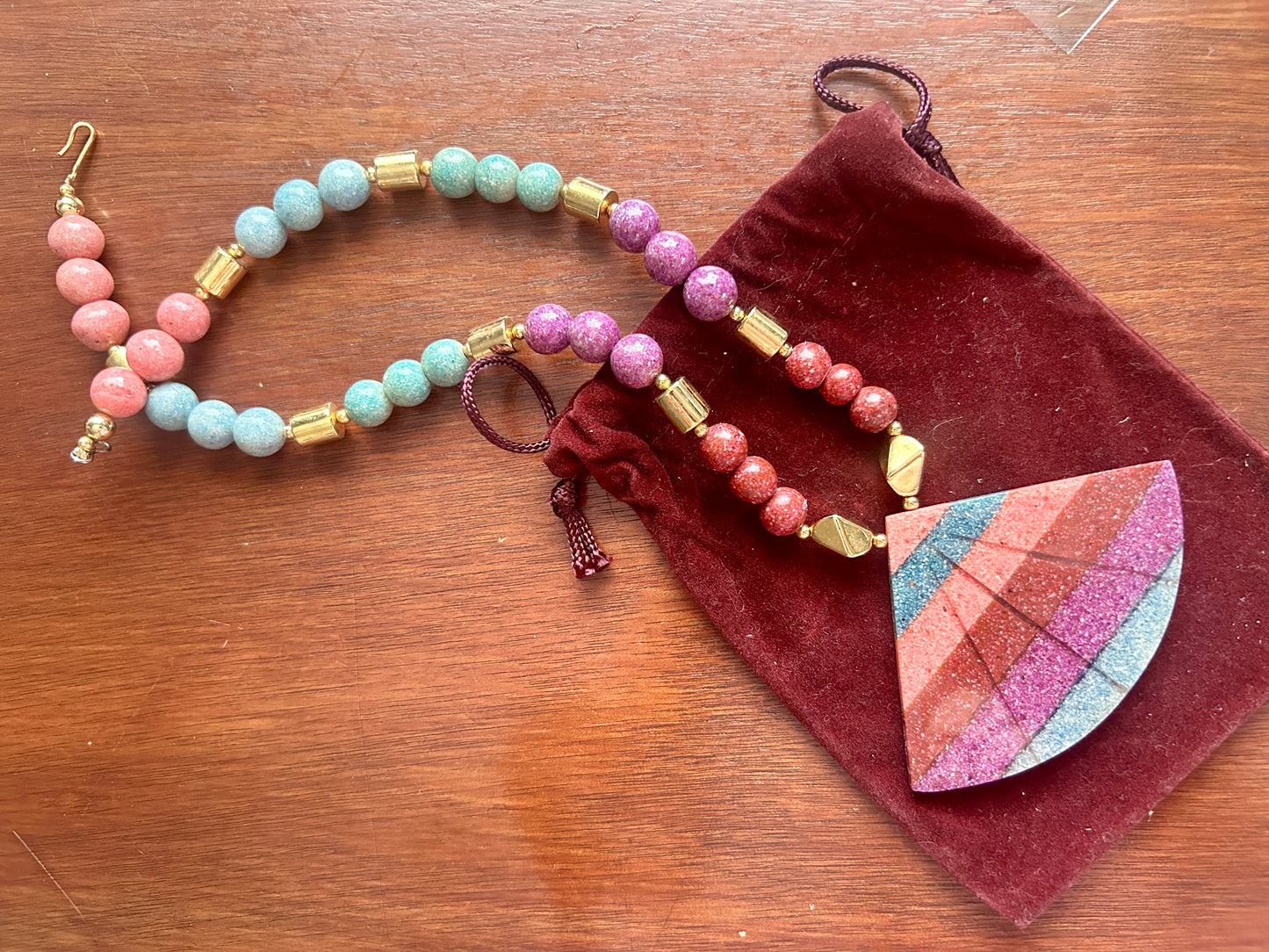 Vintage Multicolor Colorful Gold Tone Bead Pendant Necklace