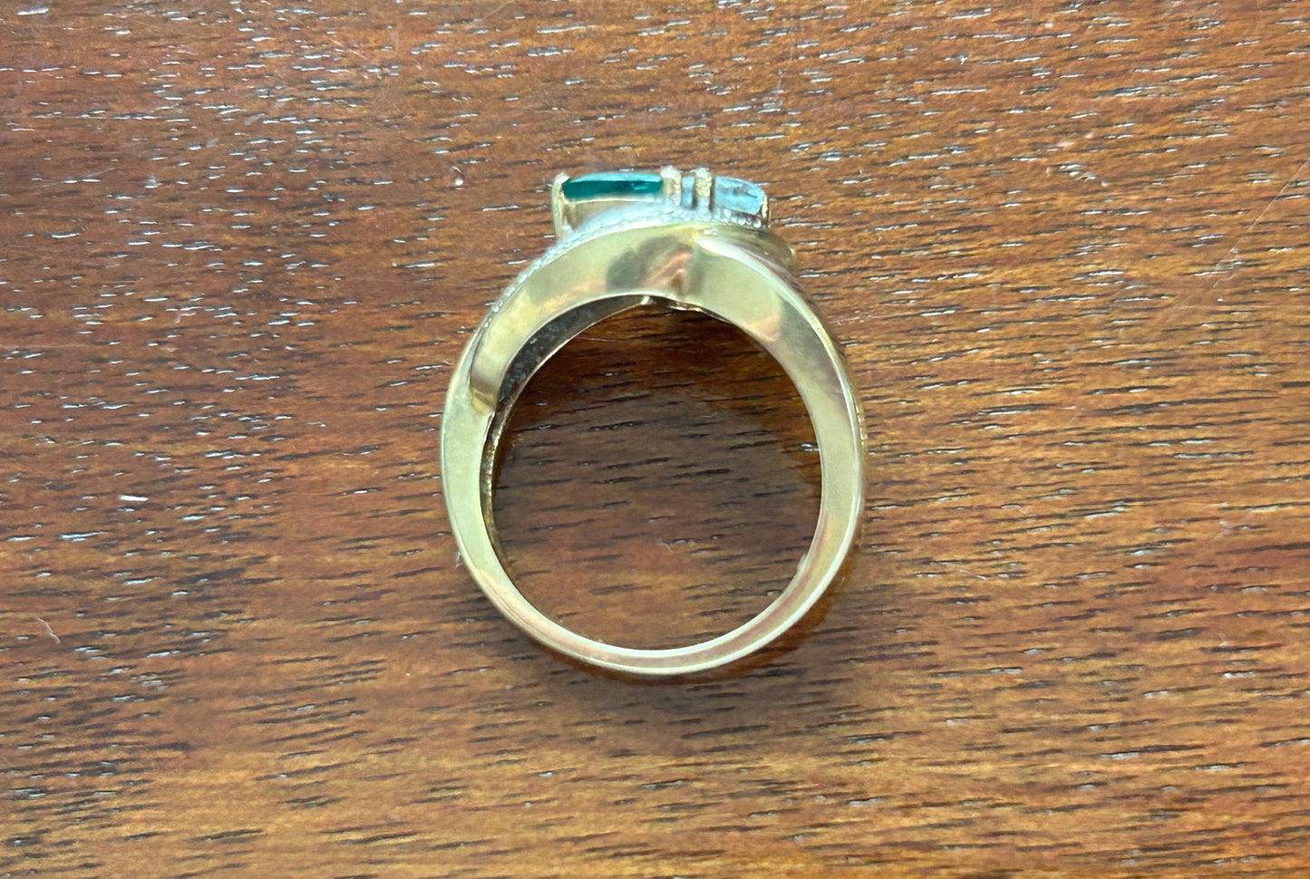 10k Yellow Gold Simulated Heart Shaped Aquamarine Emerald 'Love You' Ring Sz