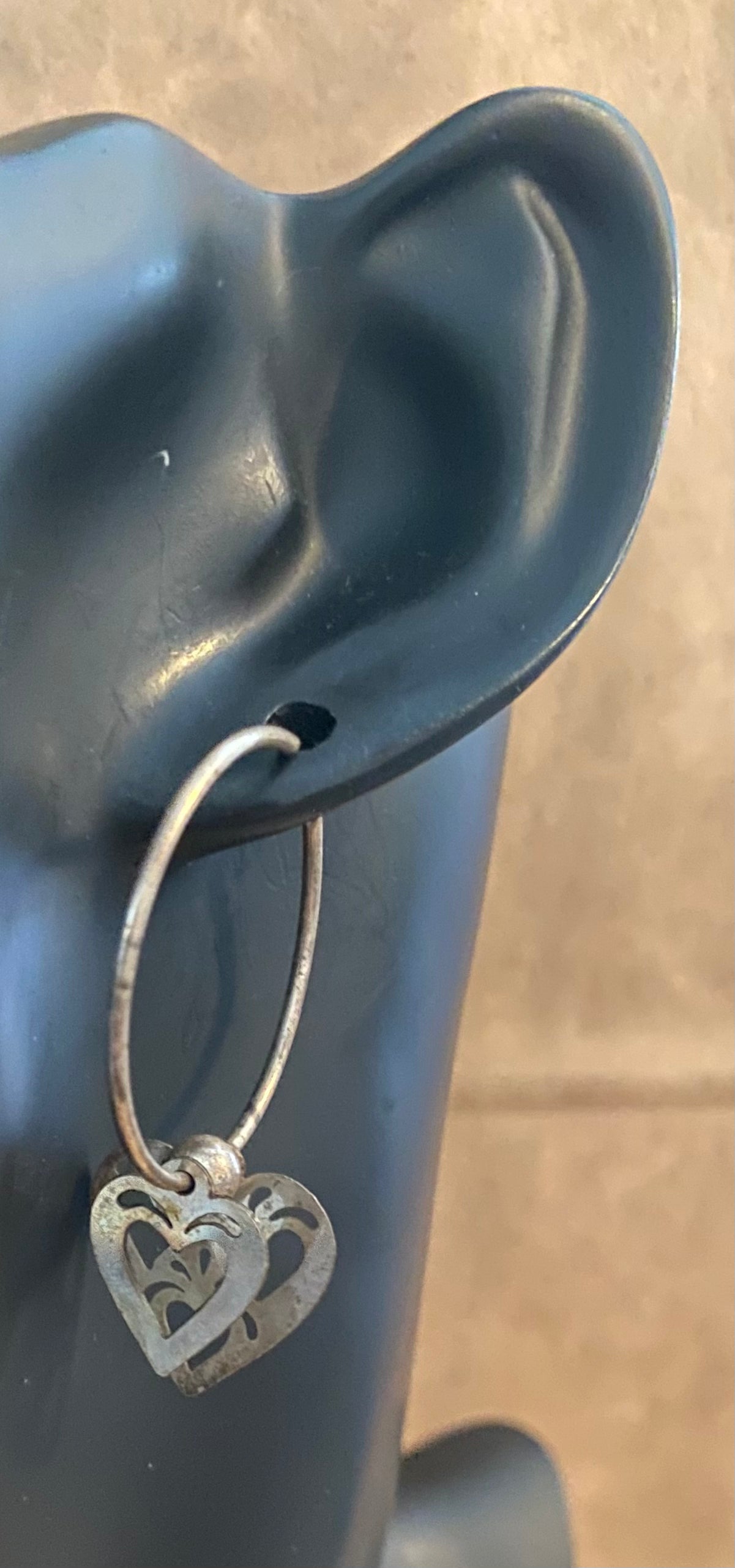 Sterling Silver 925 Heart Charm Cutout Large Hoop Earrings Pierced