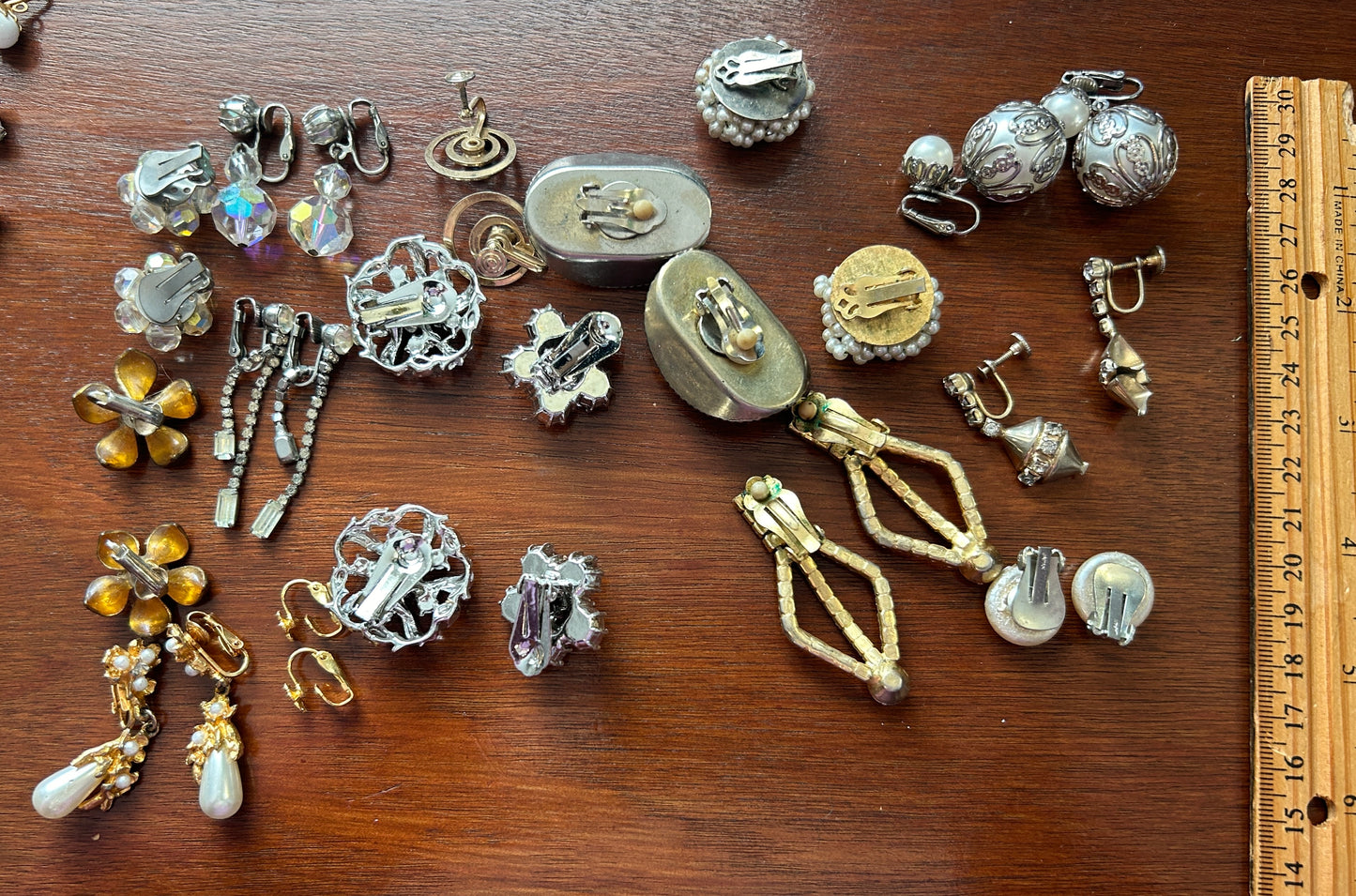 Vintage Clip On Earrings Earring Lot Rhinestone Aurora Borealis AB Glass Pearl