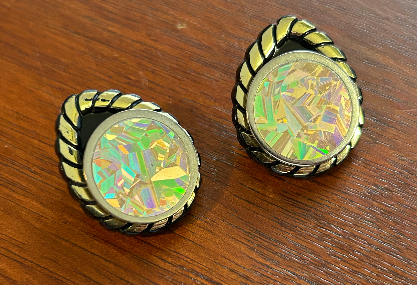 Vintage Magnetic Plastic Disco Disc Black Gold Pierced Earrings