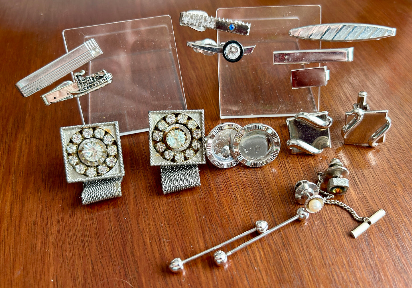 Vintage MCM Midcentury Silver Cufflinks Tie Tacks Clips Collar Rhinestone Pearl