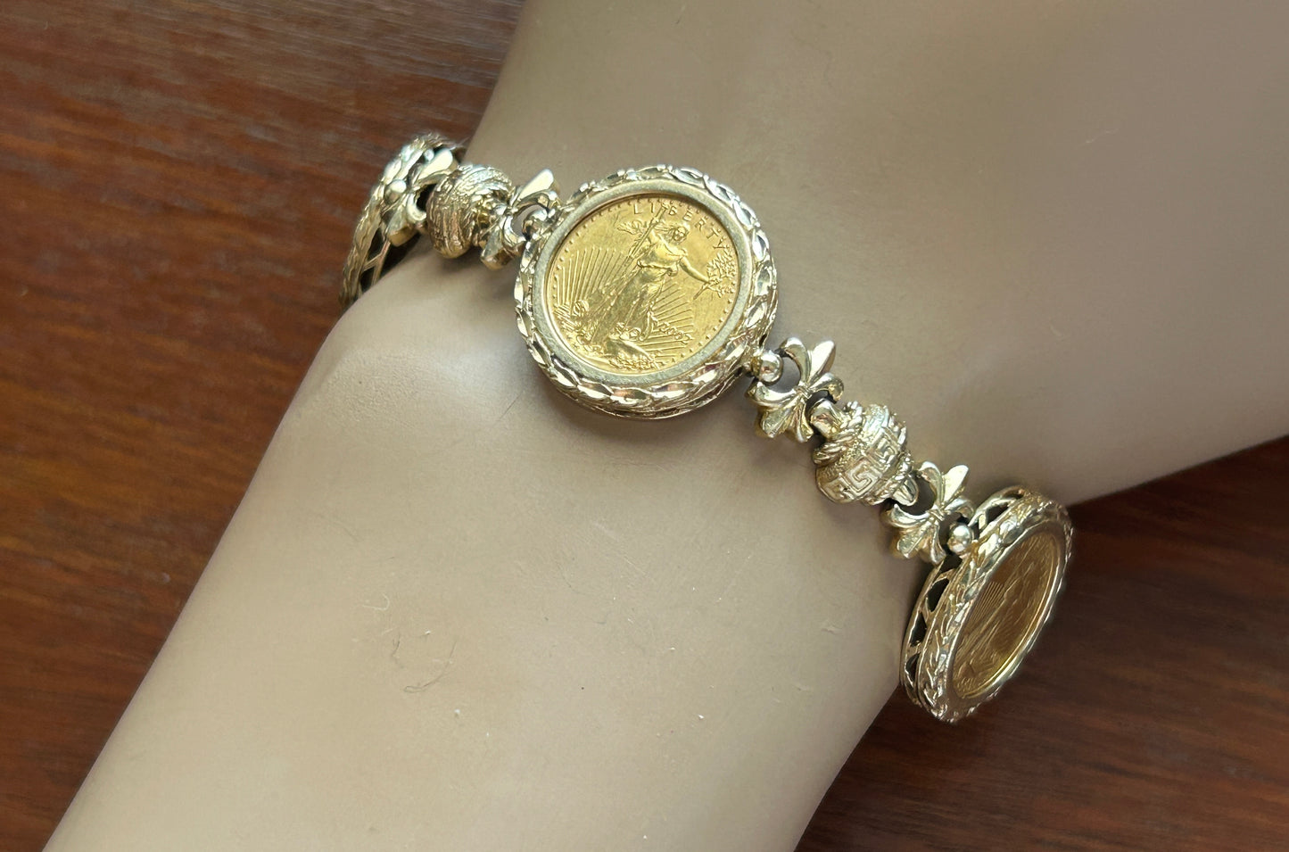 14k Yellow Gold 2002 1/10oz Fine Gold Liberty Coin Bracelet Greek Fleur De Lis