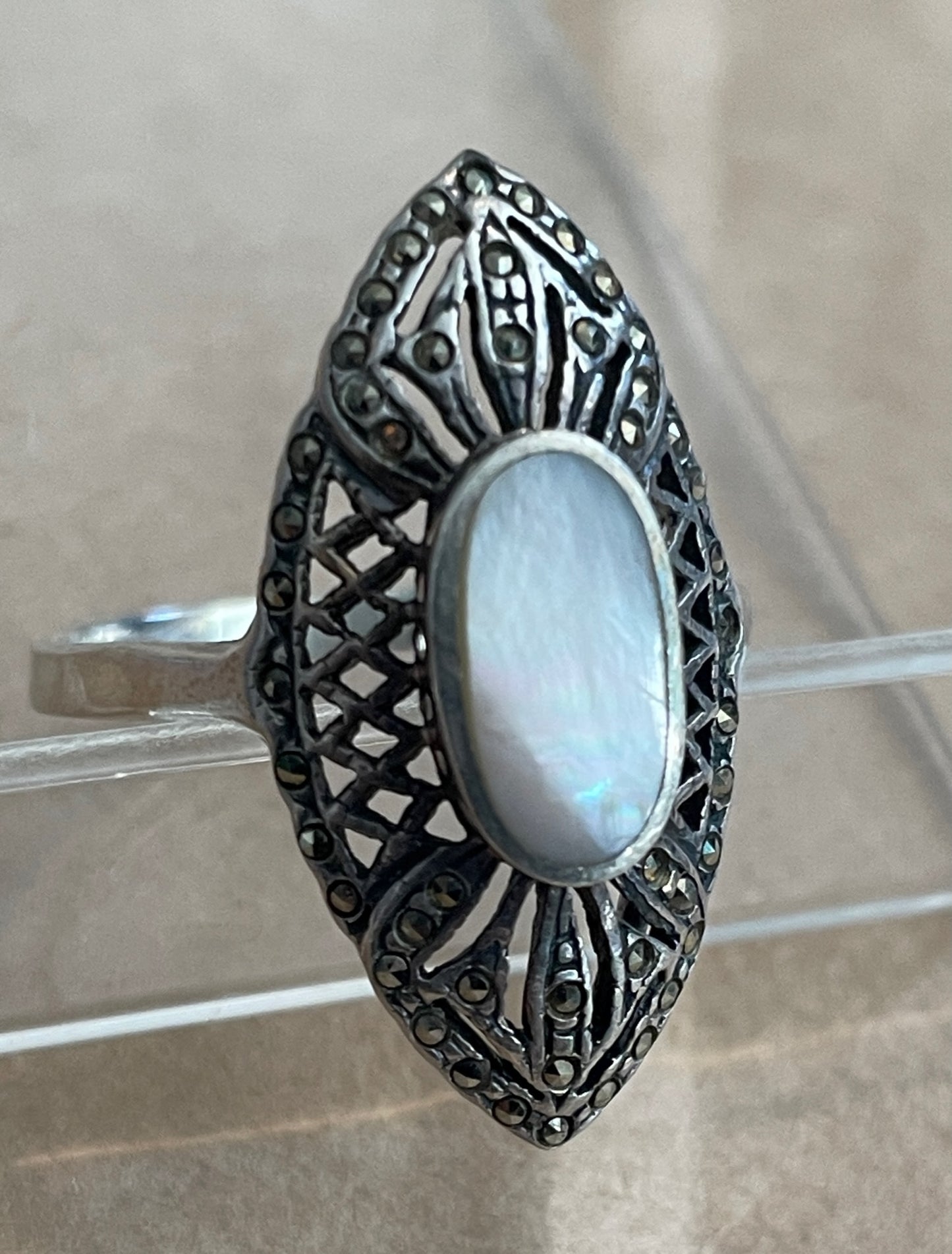 Sterling Silver 925 MOP Mother or Pearl Marcasite Navette Ring Sz 11.75