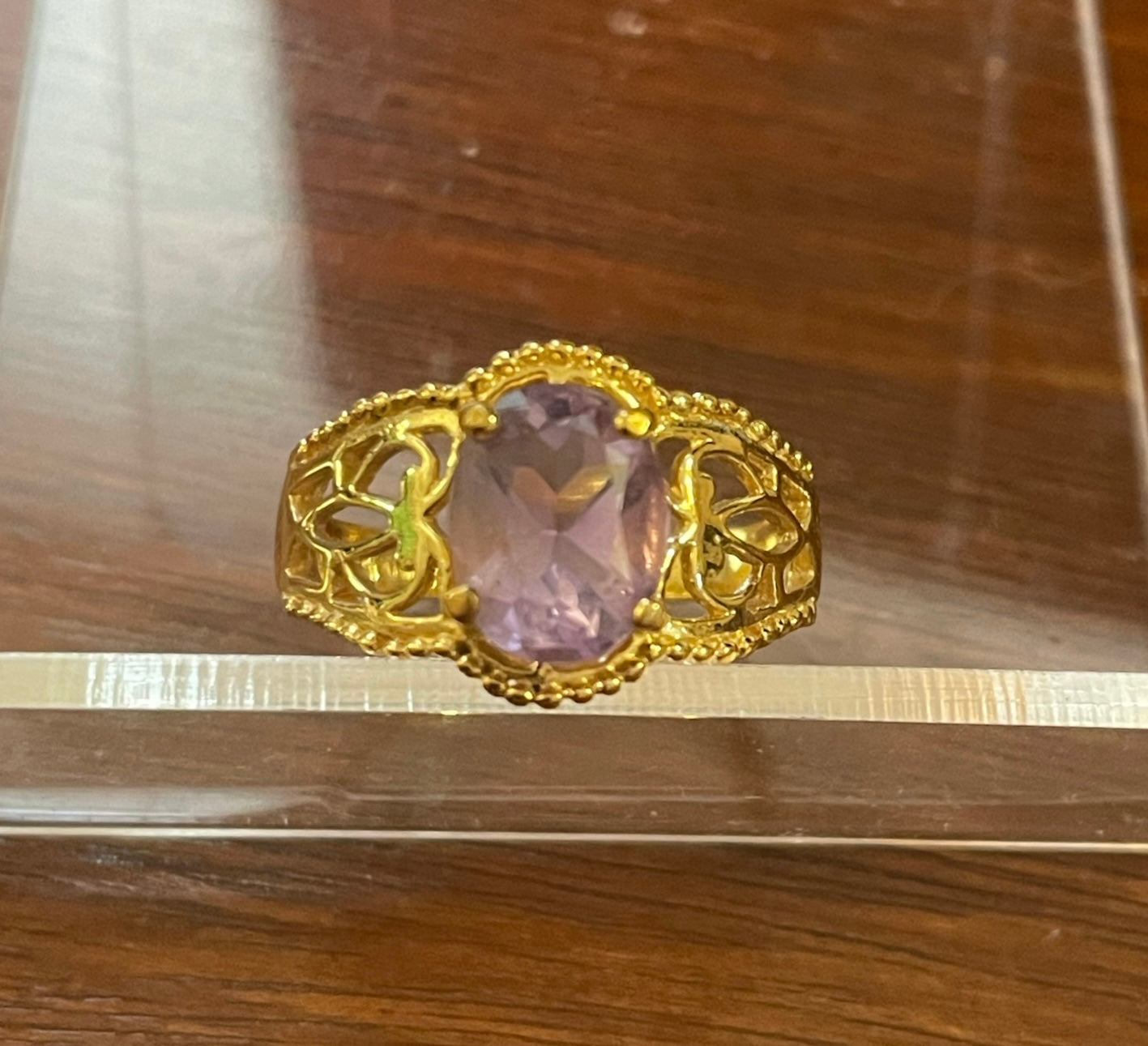 Designer LIND 14k Yellow Gold HGE Amethyst Filigree Ring Sz 6.75