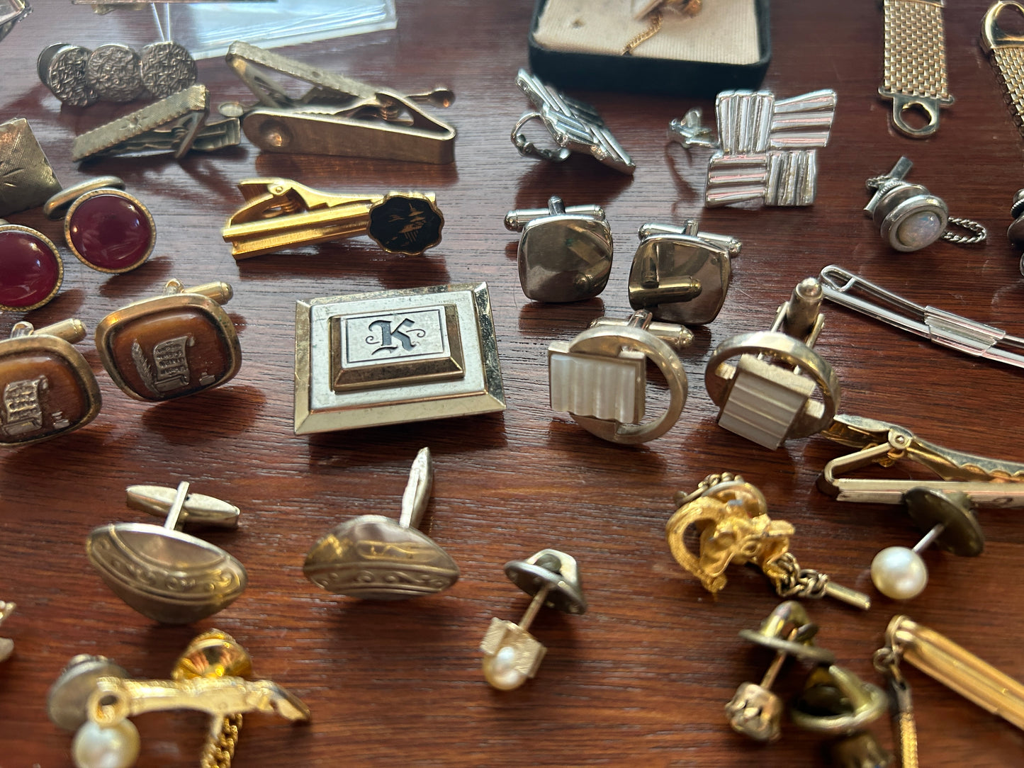 Vintage Cufflinks Tie Clip Tie Tack Gold Silver Tone Rhinestone Midcentury MCM