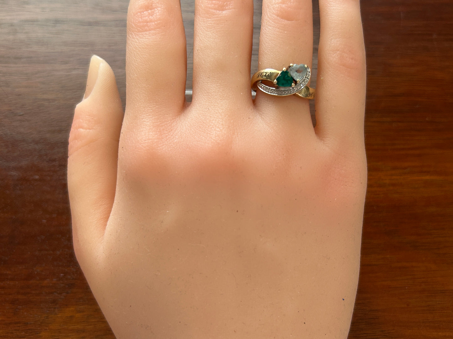 10k Yellow Gold Simulated Heart Shaped Aquamarine Emerald 'Love You' Ring Sz
