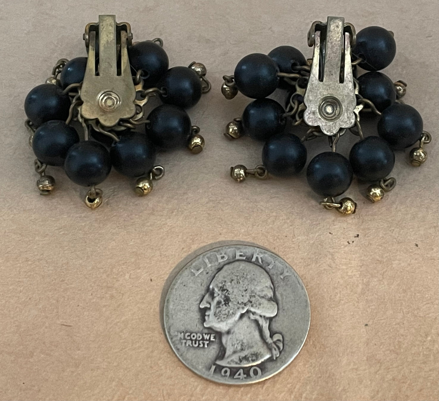 Vintage Black Bead Cluster Clip on Earrings