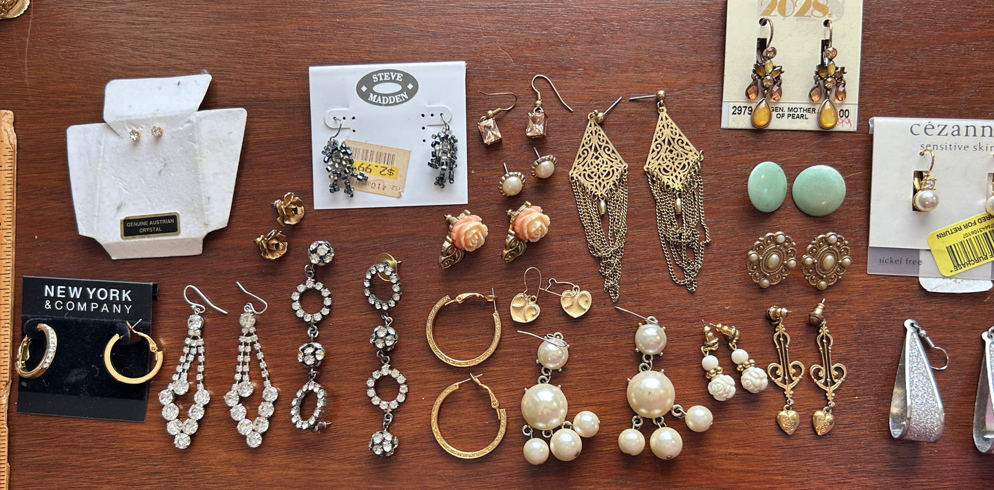 Pierced Earring Lot Chandelier Rhinestone Dangly Faux Pearl Gold Hoops Rose