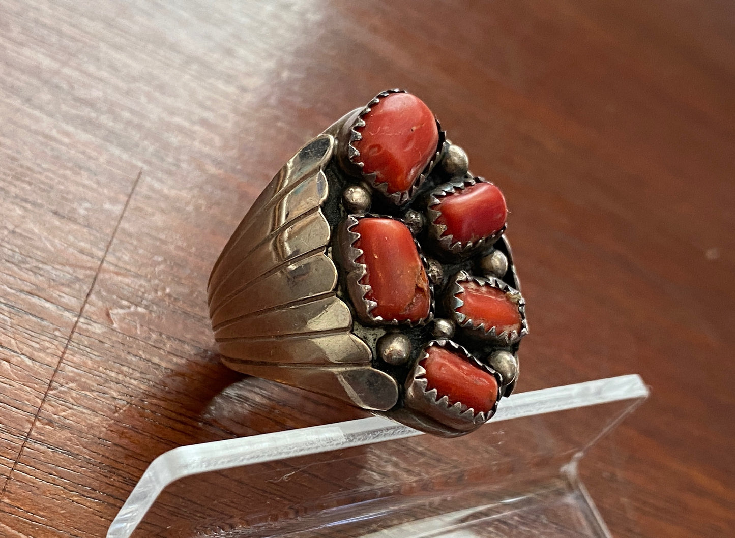 Sterling Silver 925 Red Coral Native American Ring Sz 10 Signed Shakey