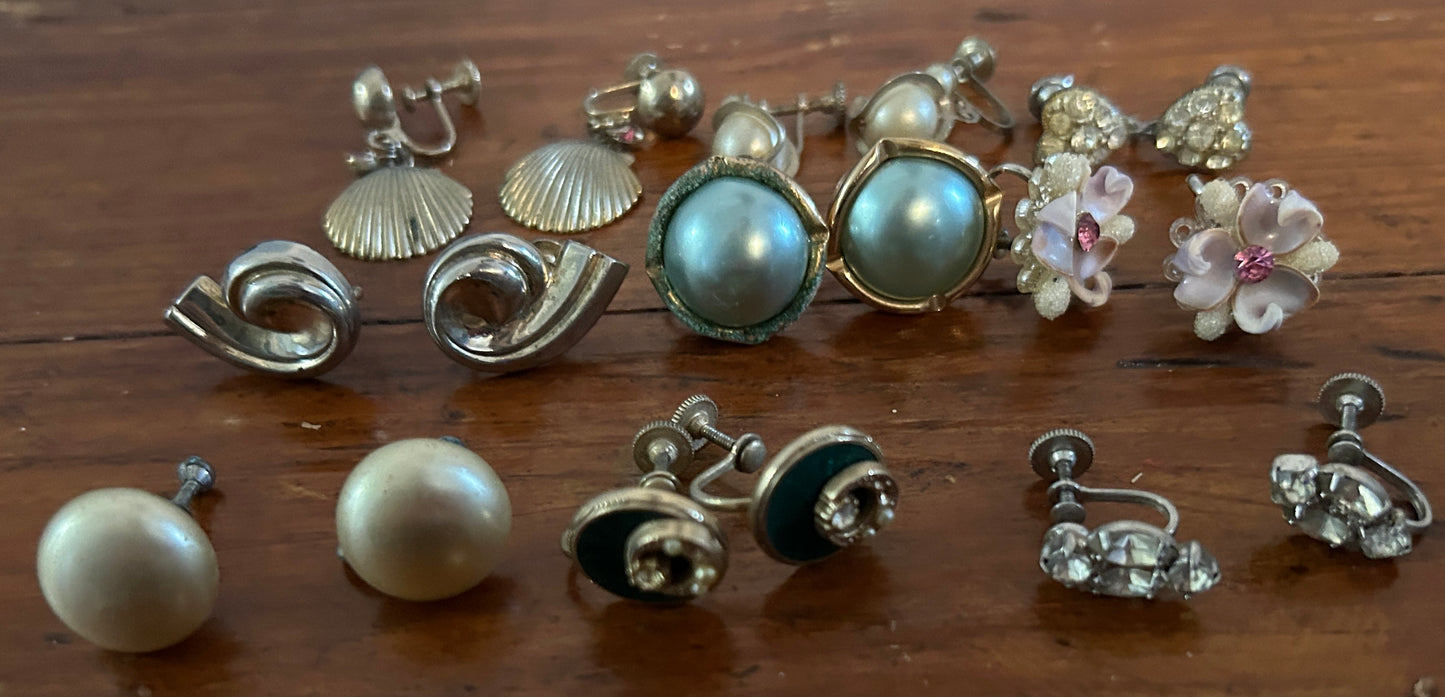 Vintage Screwback Earring Lot Shell Rhinestones Silver Gold Faux Pearl