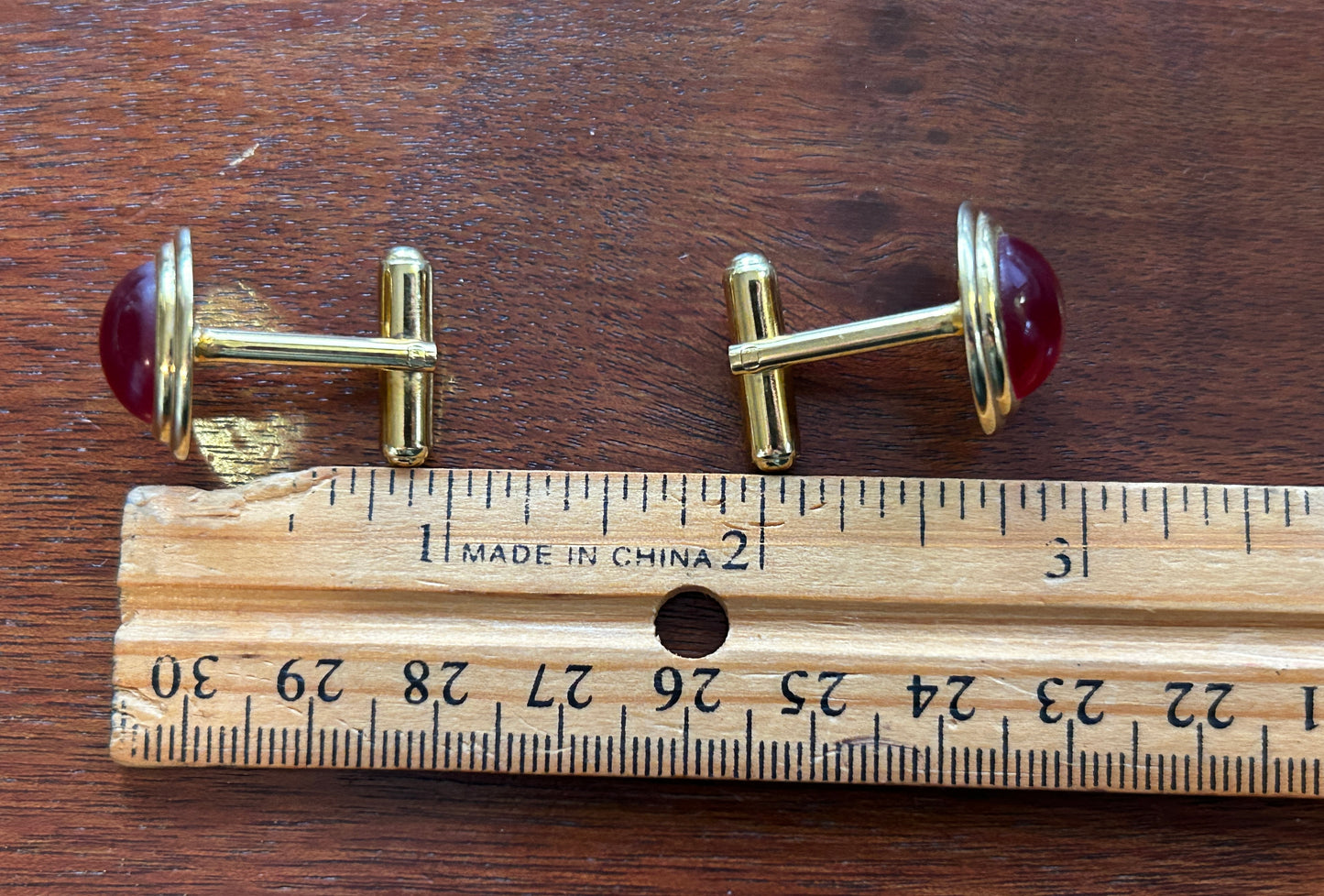 Vintage MCM Midcentury Gold Tone Red Glass Cabochon Cuff Links