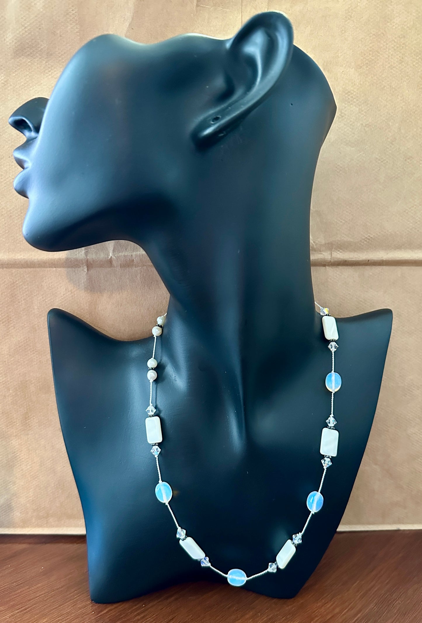 Silver Tone Glass AB Aurora Borealis Vaseline Style Bead Necklace