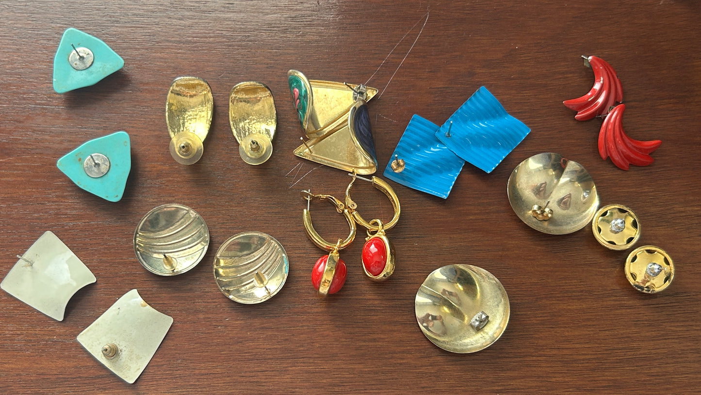Vintage 80's Pierced Earrings Lot Enamel Swirl Bright Colors Dangly Doorknockers