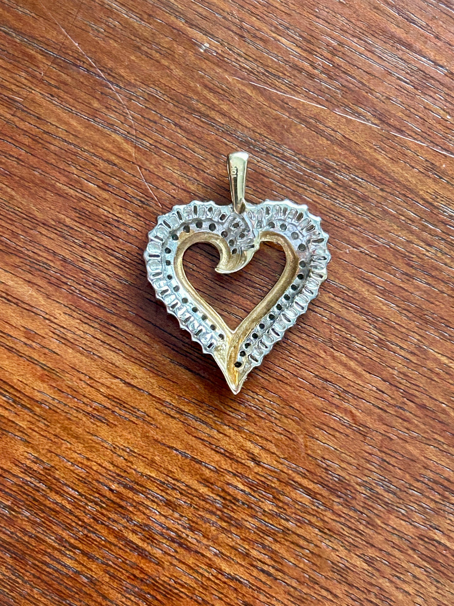 10k Yellow Gold Round Baguette Diamond Open Heart Necklace Pendant