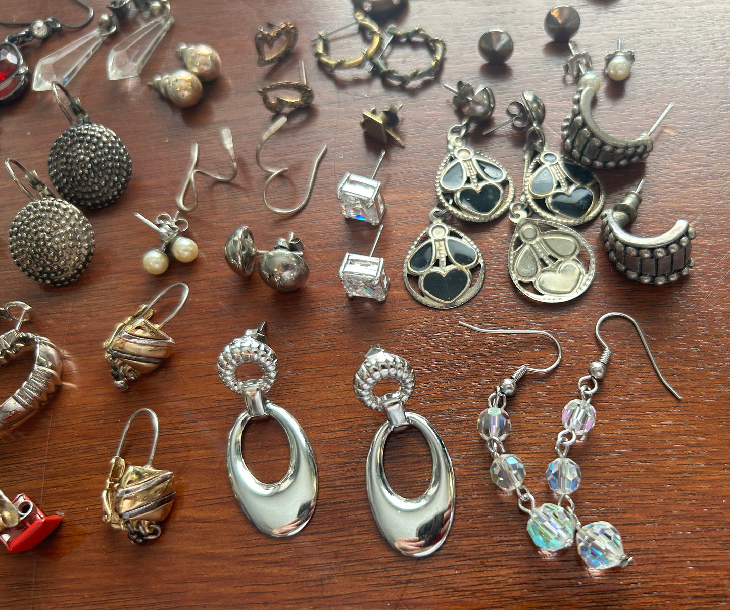 Vintage to Now Pierced Earring Lot Rhinestone AB Hoops Dangly Studs Silver Tone