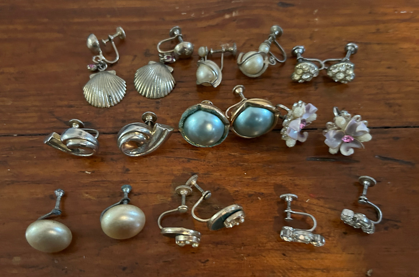 Vintage Screwback Earring Lot Shell Rhinestones Silver Gold Faux Pearl