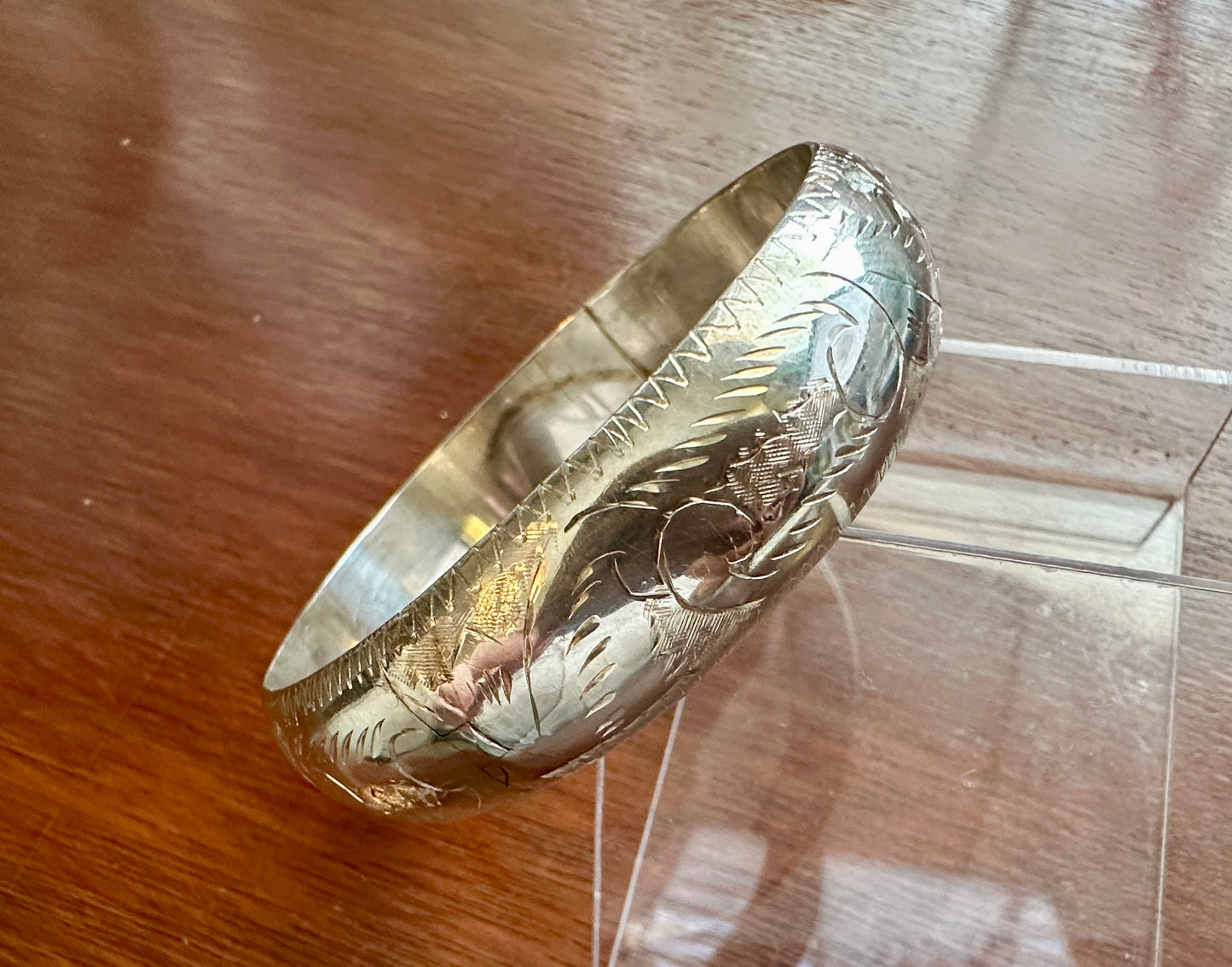Vintage Sterling Silver 925 Puffy Domed Etched Bangle Bracelet Hinged Wide