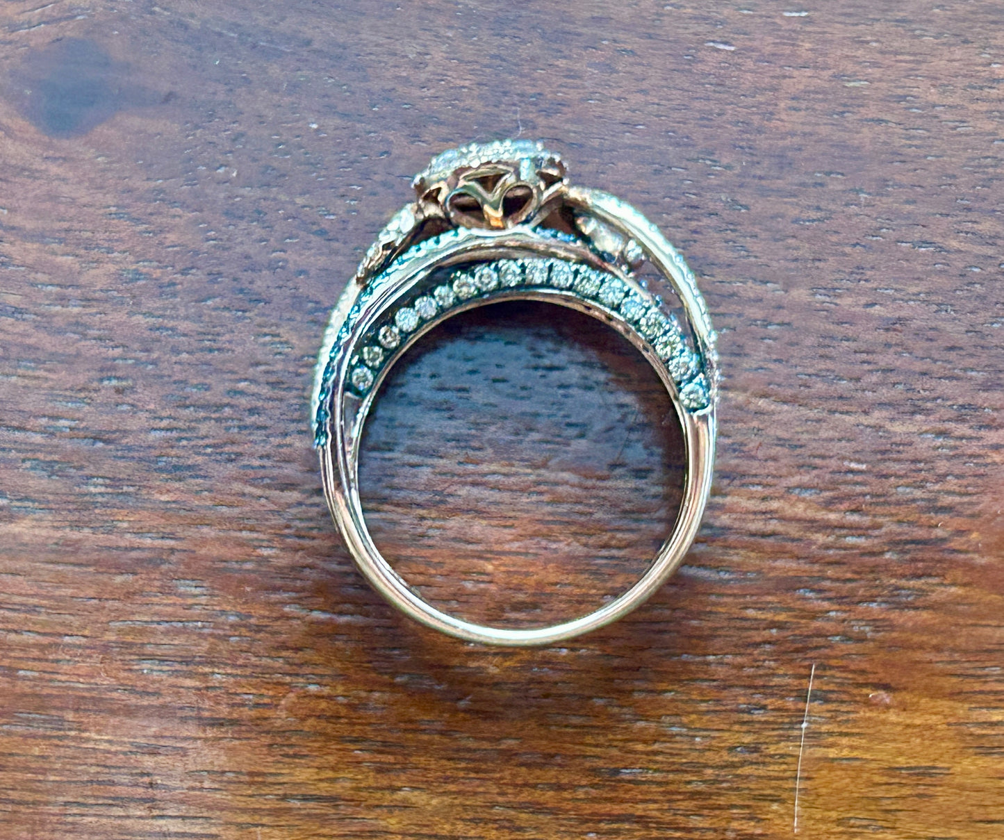 14k Rose Gold Blue Champagne White Diamond Scroll Design Pave Ring Sz 6.75