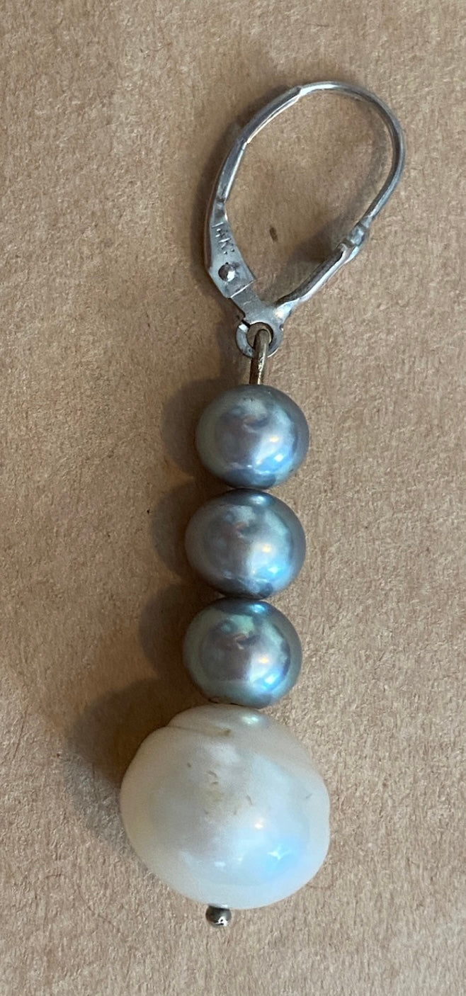 14k White Gold Baroque White Gray Pearl SINGLE Drop Earring