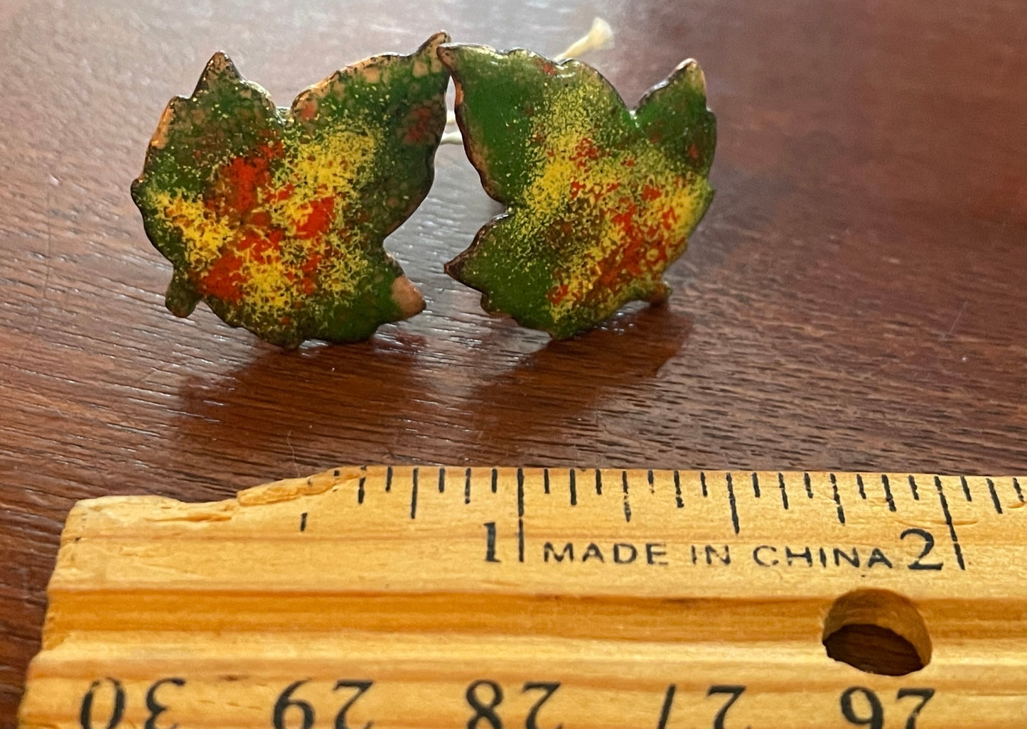 Vintage Copper Enamel Leaf Shaped Screwback Earrings