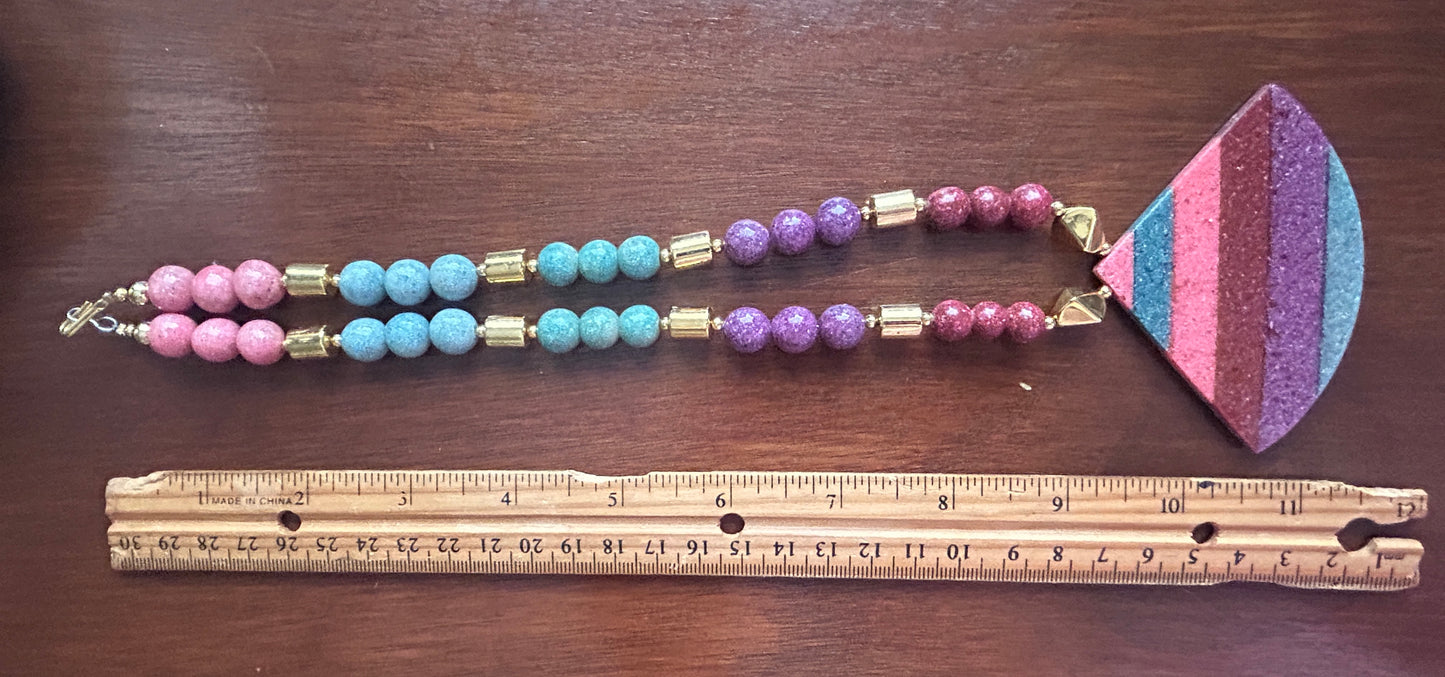 Vintage Multicolor Colorful Gold Tone Bead Pendant Necklace