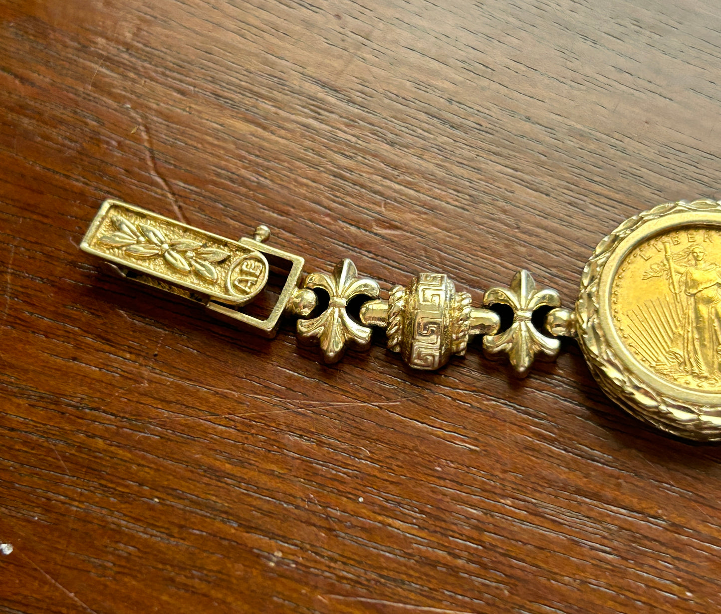 14k Yellow Gold 2002 1/10oz Fine Gold Liberty Coin Bracelet Greek Fleur De Lis