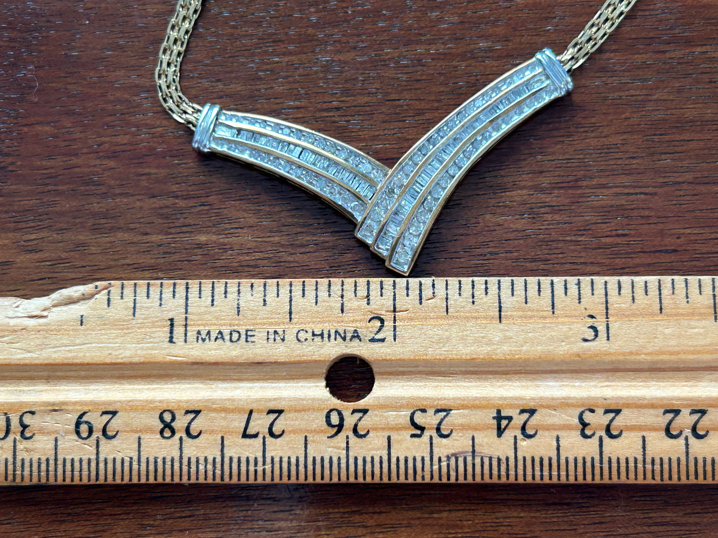 10k Yellow Gold 1ctw Natural Baguette Round Diamond V Shaped Necklace