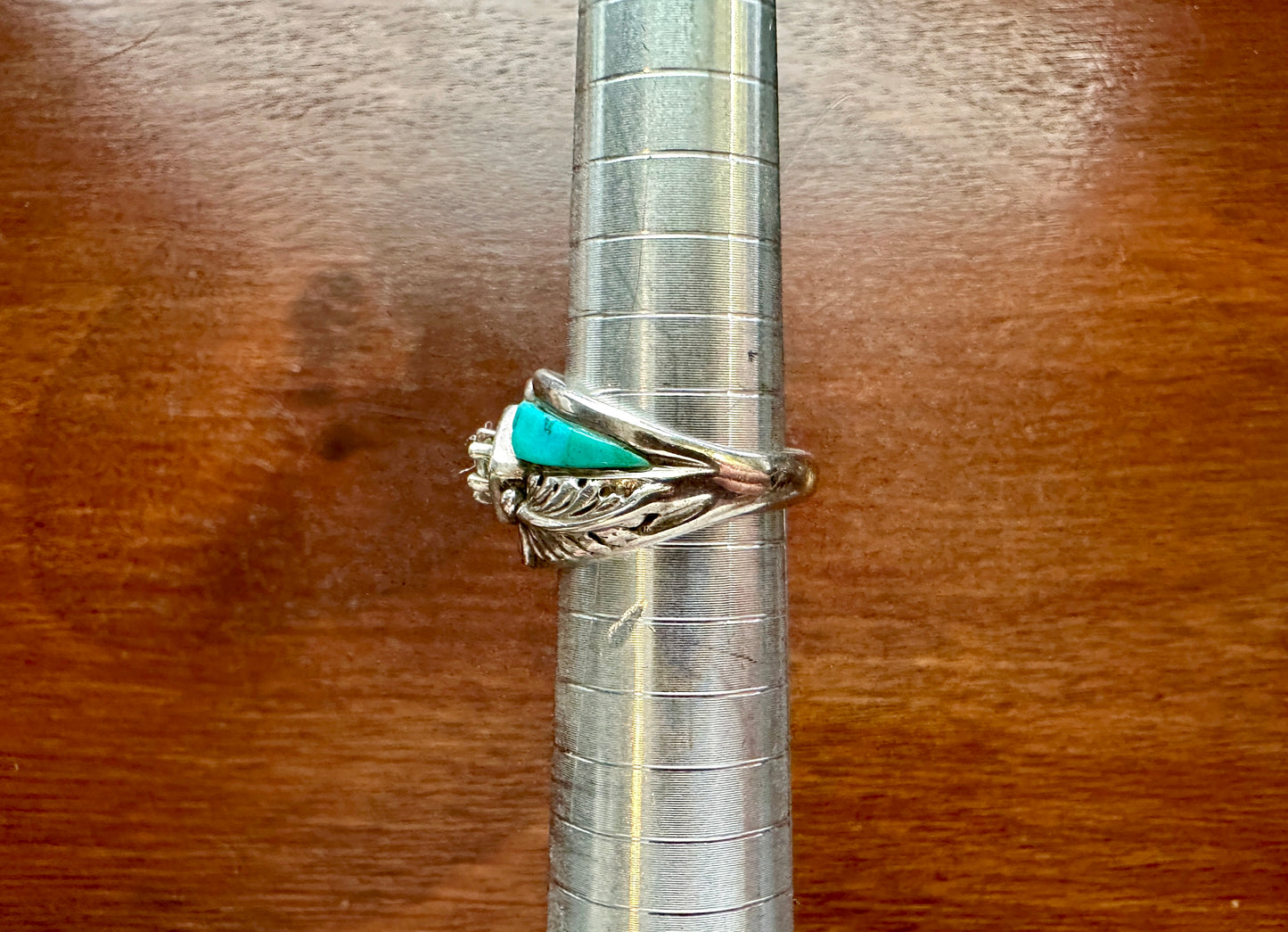 Signed CW Navajo Sterling Silver 925 Turquouse CZ Black Relief Ring Sz 6.5