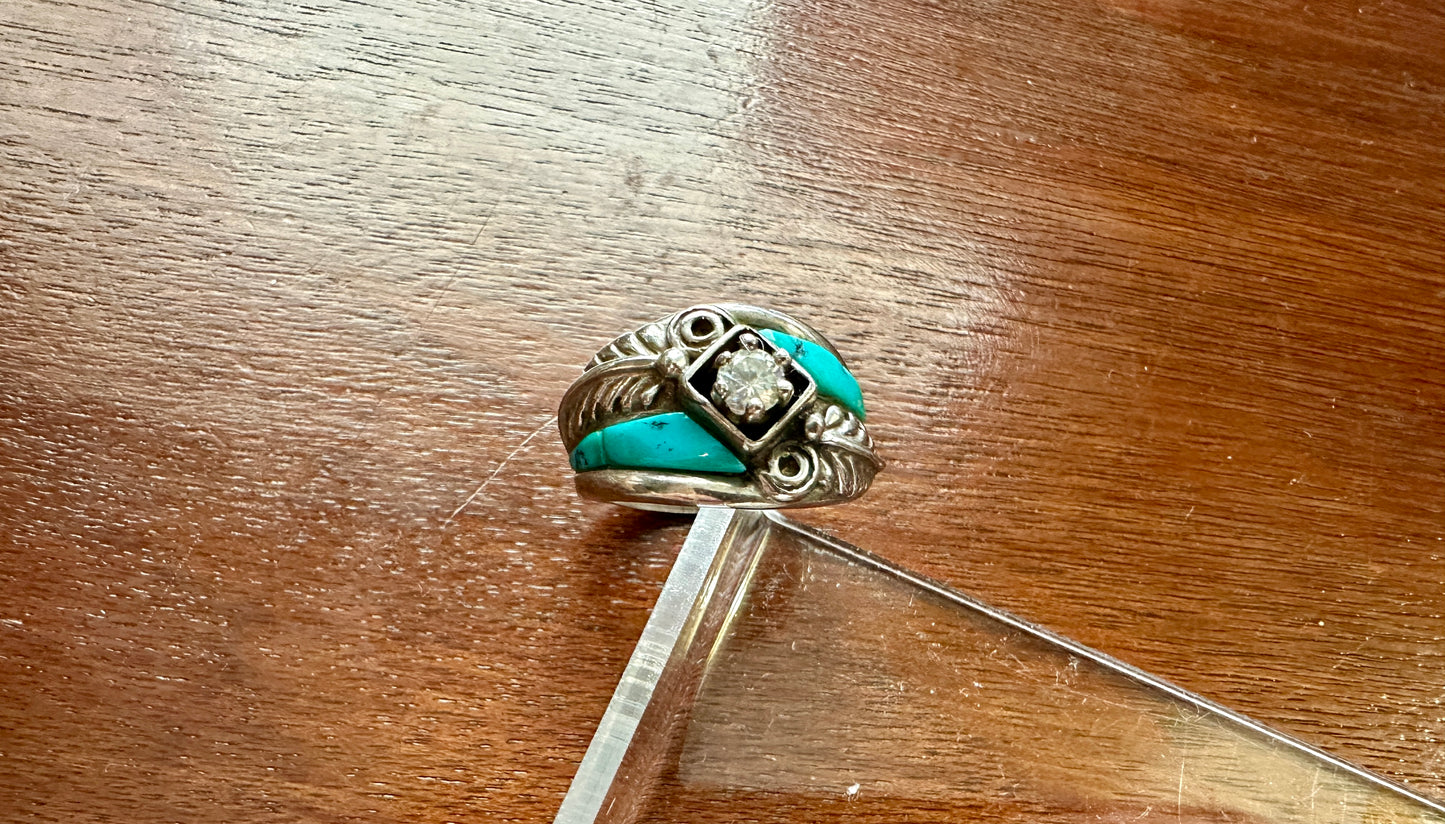 Signed CW Navajo Sterling Silver 925 Turquouse CZ Black Relief Ring Sz 6.5