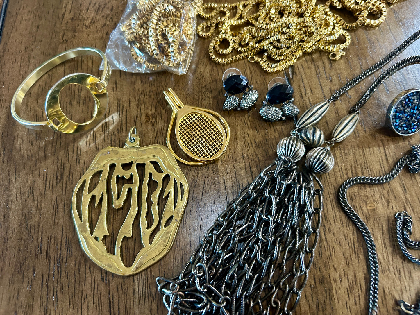 Vintage to Now Modern Gold Silver Tone Jewelry Lot Chains Tassel Brooch Pendants