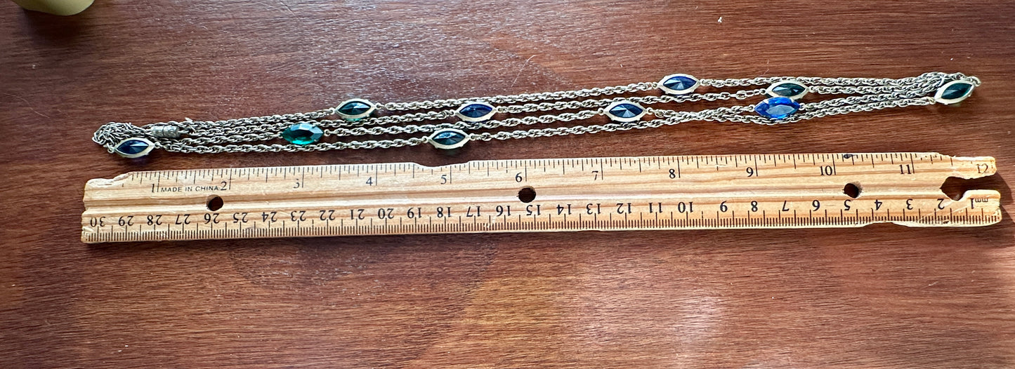 Vintage Gold Tone Chain Diamond Shaped Open Bezel Green Blue Glass Necklace