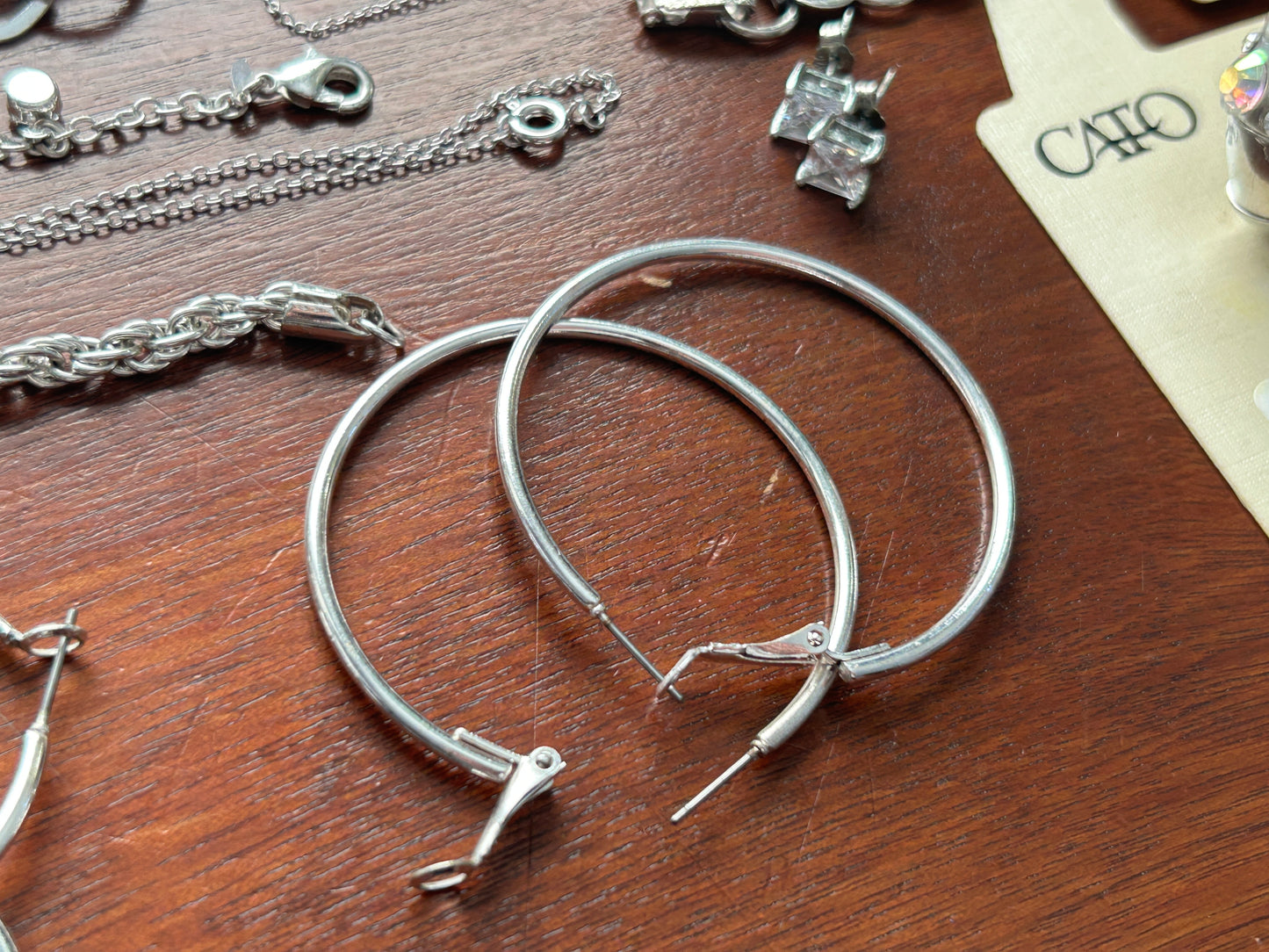 Vintage to Now Silver Tone Jewelry Lot Necklaces Earrings Hoops Rhinestone Ring