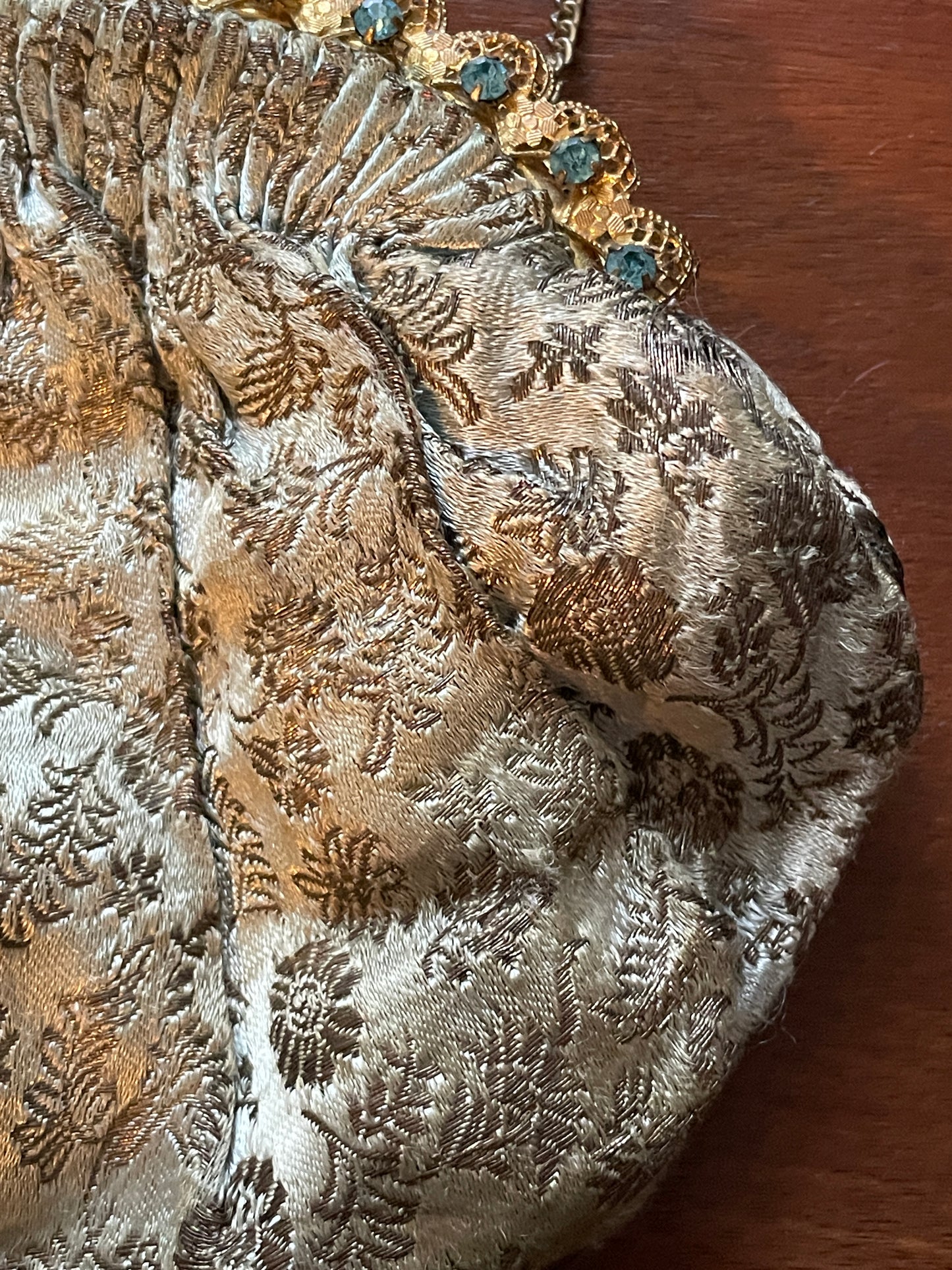 Vintage Silver Embroidered Clutch Purse Gold Tone Jeweled Clasp