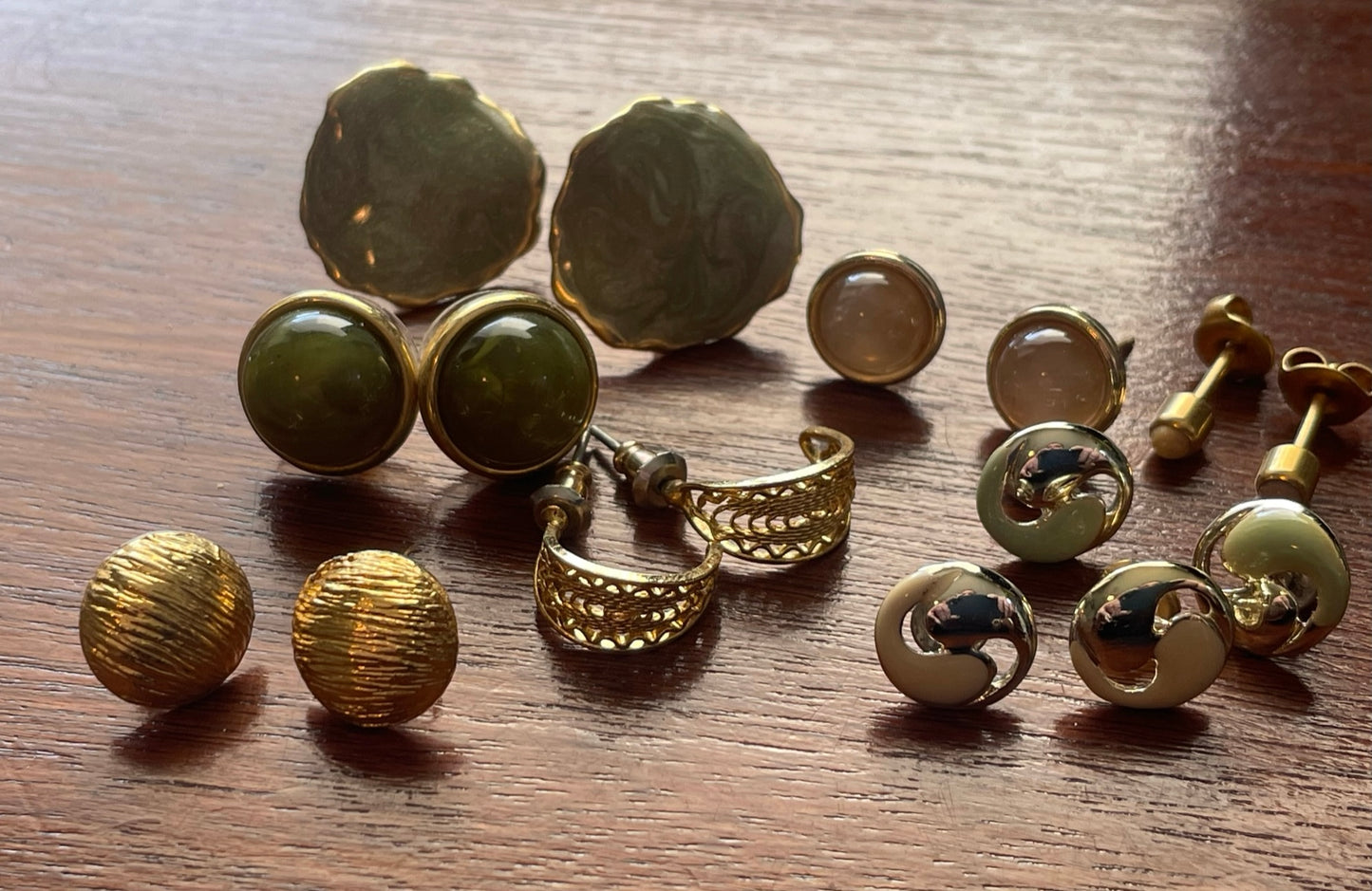 Vintage to Now Gold Silver Tone Stud Earrings Cabochon Green Pierced Hoop Rose