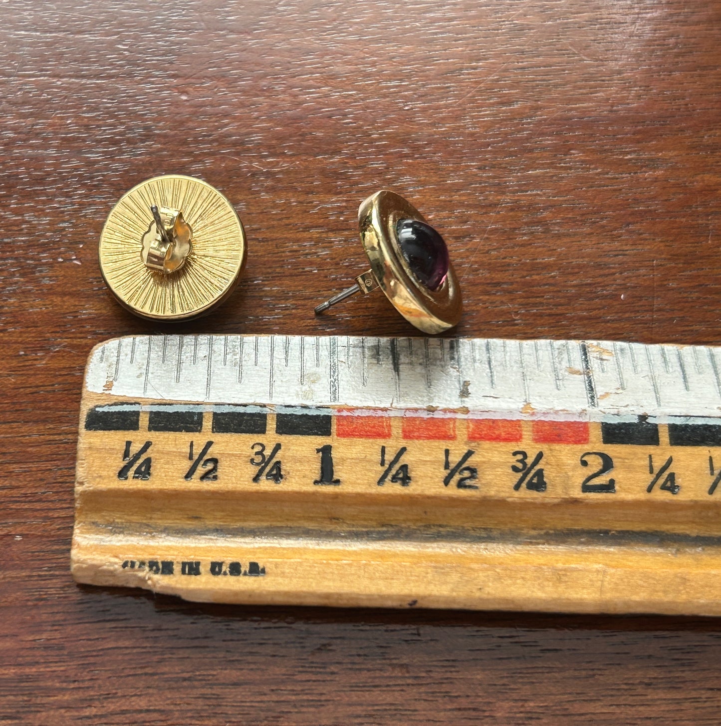 Vintage Gold Tone Purple Glass Cabochon Round Pierced Stud Earrings
