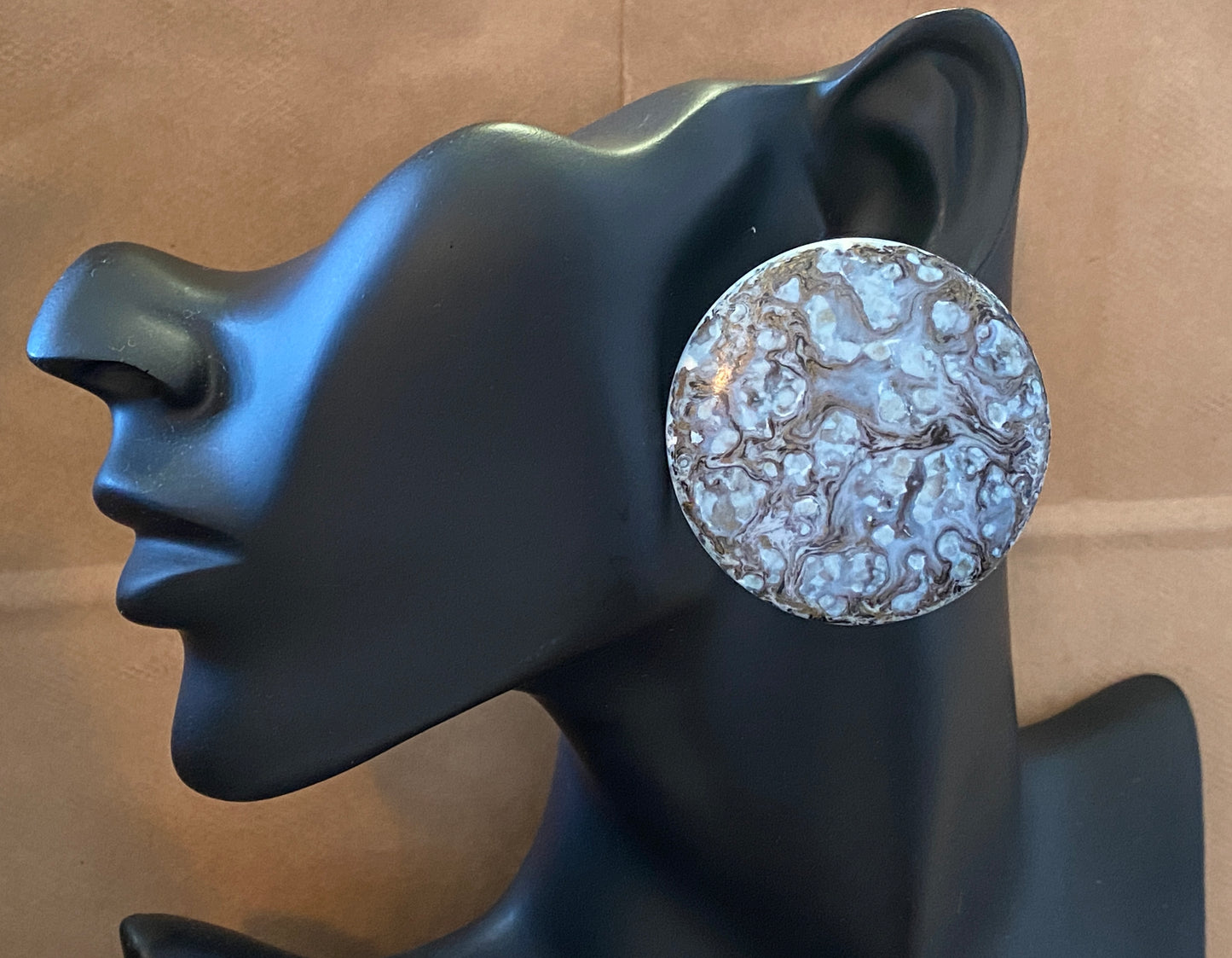 Vintage Large Runway Round Pierced Earrings Blue Grey Marbled