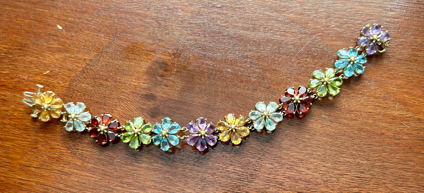 10k Yellow Gold Multicolor Gemstone Flower Tennis Bracelet MISSING STONES