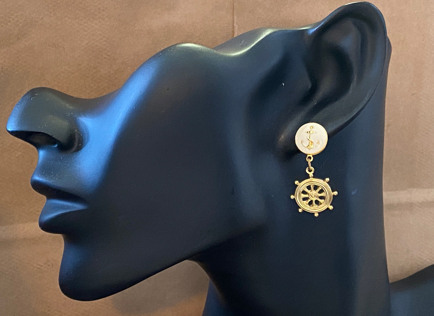Vintage Coronet Nautical Ship Wheel Boat Gold Tone Enamel Pierced Earrings