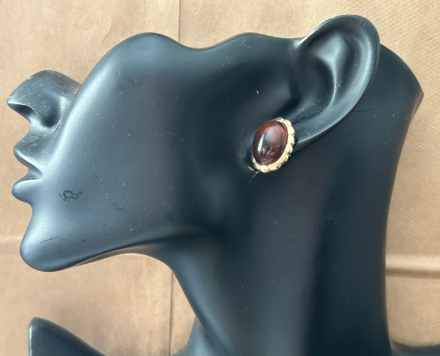 Vintage Gold Tone Oval Faux Amber Cabochon Pierced Earrings