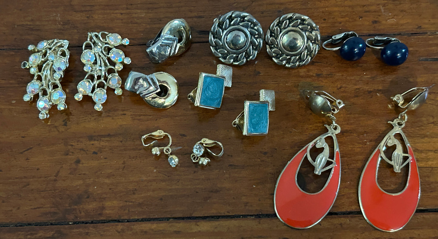 Vintage Clip on Earring Lot AB Rhinestone Gold Silver Tone Dangly