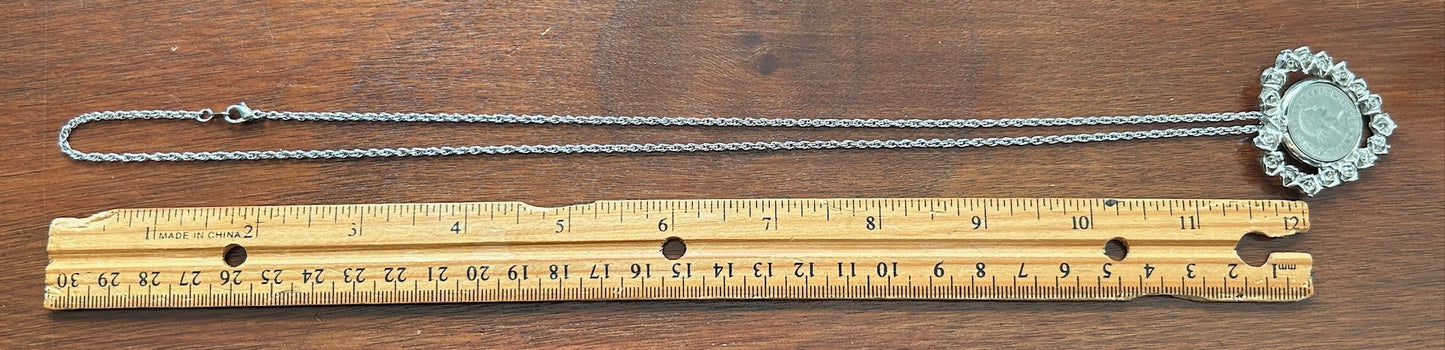 Vintage Silver Tone Chain Link Necklace Rose Heart Canadian Coin Pendant