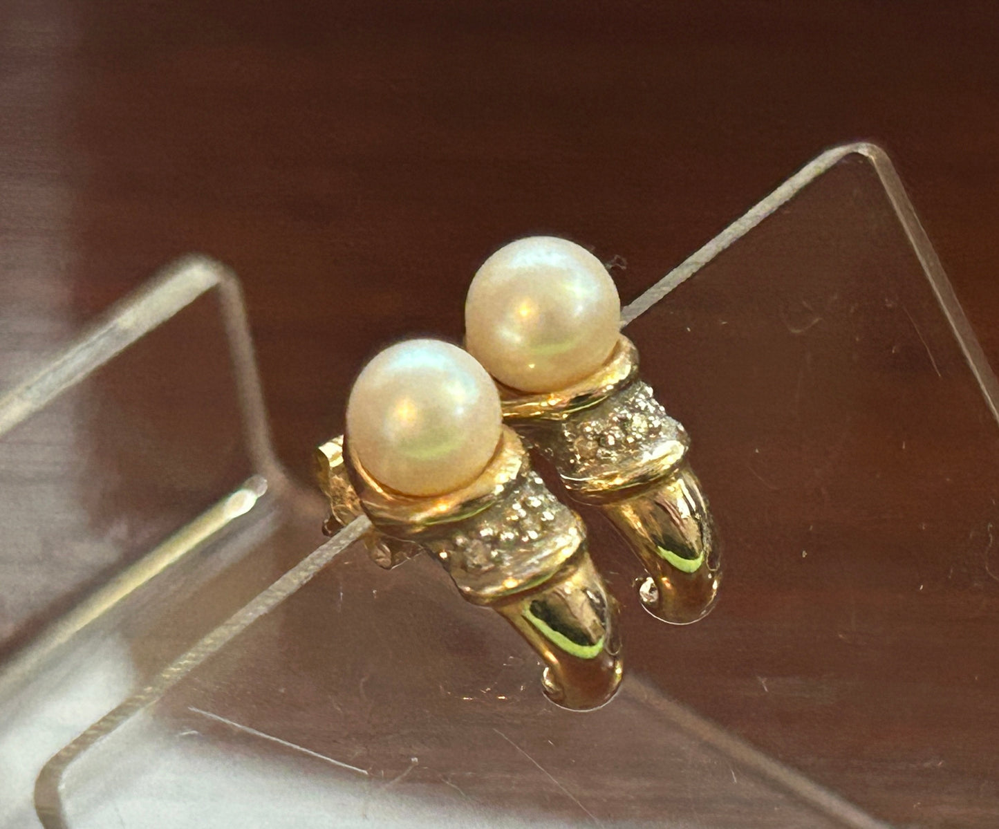 14k Yellow Gold 6mm Pearl Diamond Accent Earrings