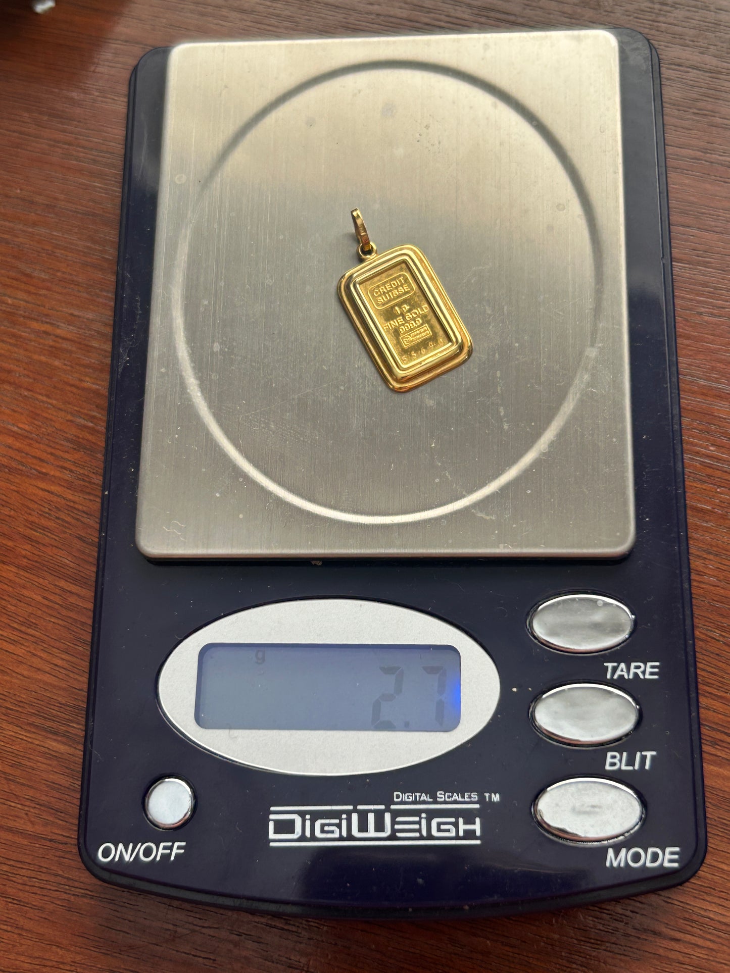 1g Fine Gold 999.9 Credit Suisse Bar 14k Yellow Gold Bail Necklace Pendant