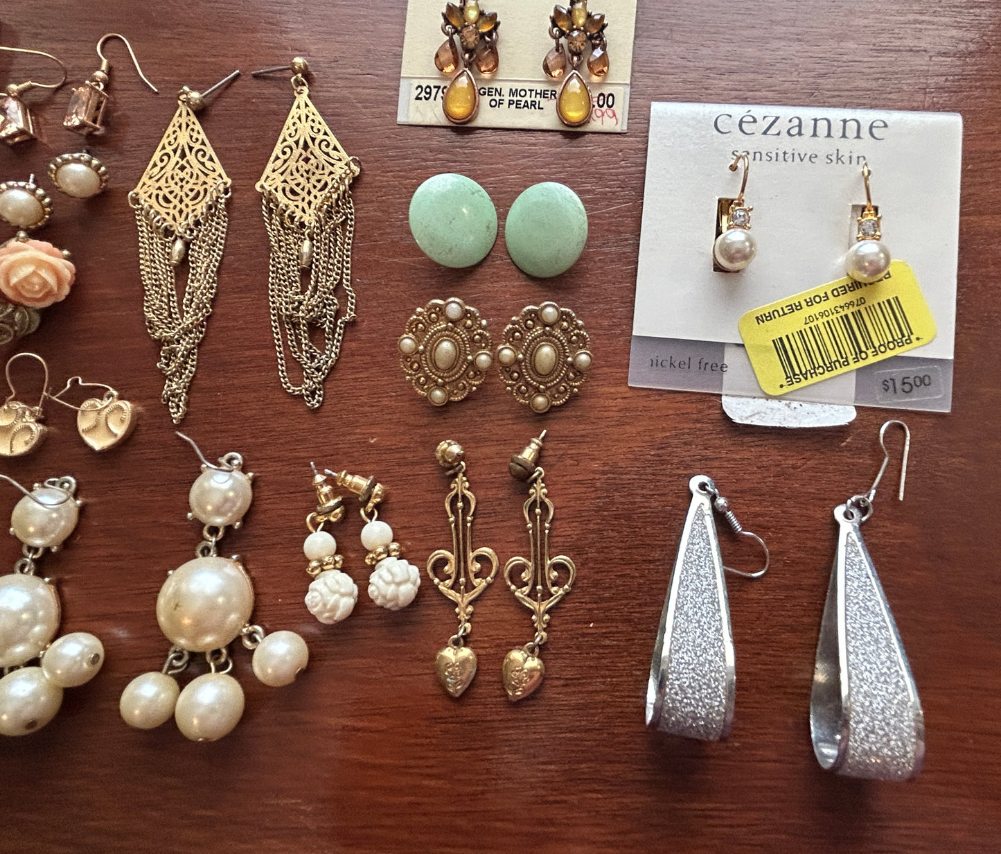 Pierced Earring Lot Chandelier Rhinestone Dangly Faux Pearl Gold Hoops Rose