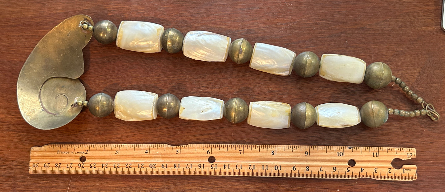 Vintage Brass MOP Mother of Pearl HUGE Tribal Island Style Necklace